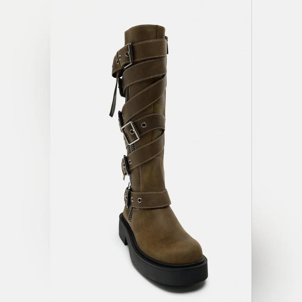 RARE ZARA BUCKLED LEATHER KNEE HIGH BOOTS NWT
